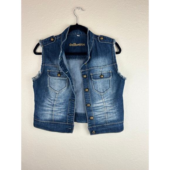 Dollhouse Distressed Denim Vest with Brass Toned Buttons and Frayed Seams Sz. S - Picture 4 of 8